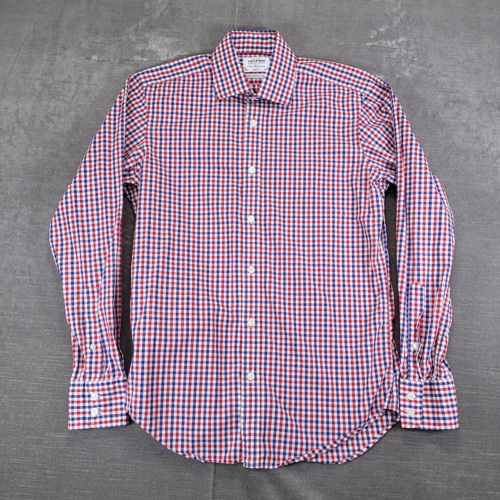 T M LEWIN Mens Slim Fit Gingham Dress Shirt Red Blue White Cotton‎ Size 15 34